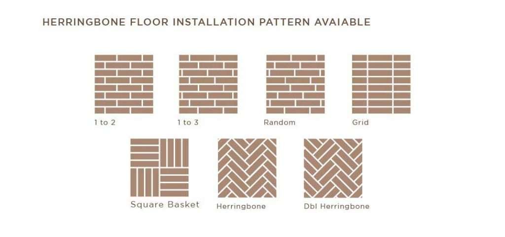 Installation patterns for Vinile SPC flooring Herringbone series showcasing various layouts