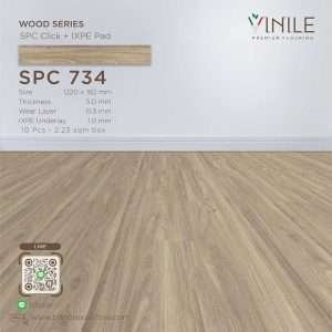 Vinile SPC Wood Series flooring, Product Code SPC 734, showcasing wood grain pattern