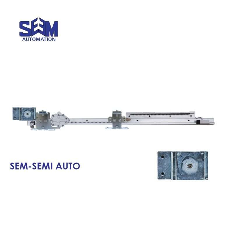 Semi-automatic sliding door system with manual opening and automatic closing for smooth, quiet operation.