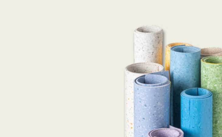 Homogeneous PVC flooring roll in multiple colors – durable T Class vinyl sheet for commercial and healthcare use.